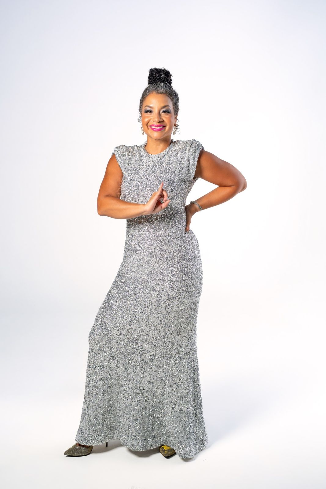 Individual portrait in silver sequin gown